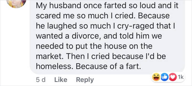 document - My husband once farted so loud and it scared me so much I cried. Because he laughed so much I cryraged that I wanted a divorce, and told him we needed to put the house on the market. Then I cried because I'd be homeless. Because of a fart. 5d D