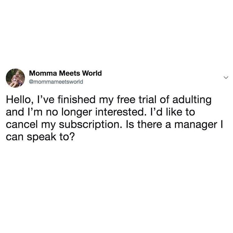 Momma Meets World Hello, I've finished my free trial of adulting and I'm no longer interested. I'd to cancel my subscription. Is there a manager | can speak to?