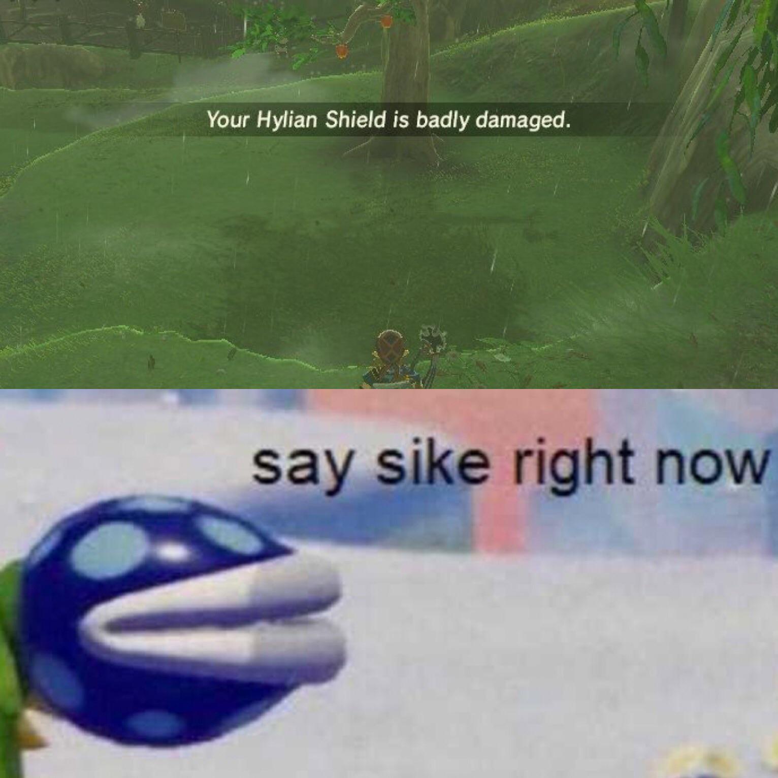 zelda meme - say sike right now memes - Your Hylian Shield is badly damaged. say sike right now