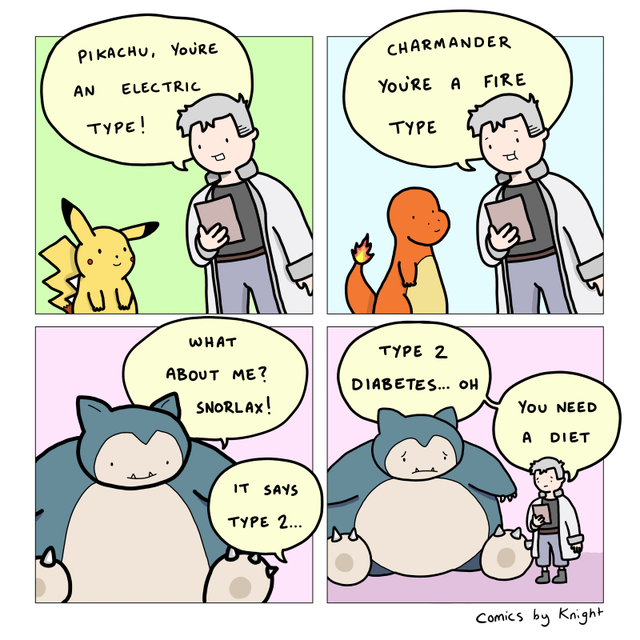 comics - Charmander Pikachu, You'Re An Electric Type! You'Re A Fire Type Ern What About Me? Snorlax! Type 2 Diabetes... Oh You Need A Diet It Says Type 2... Comics by Knight