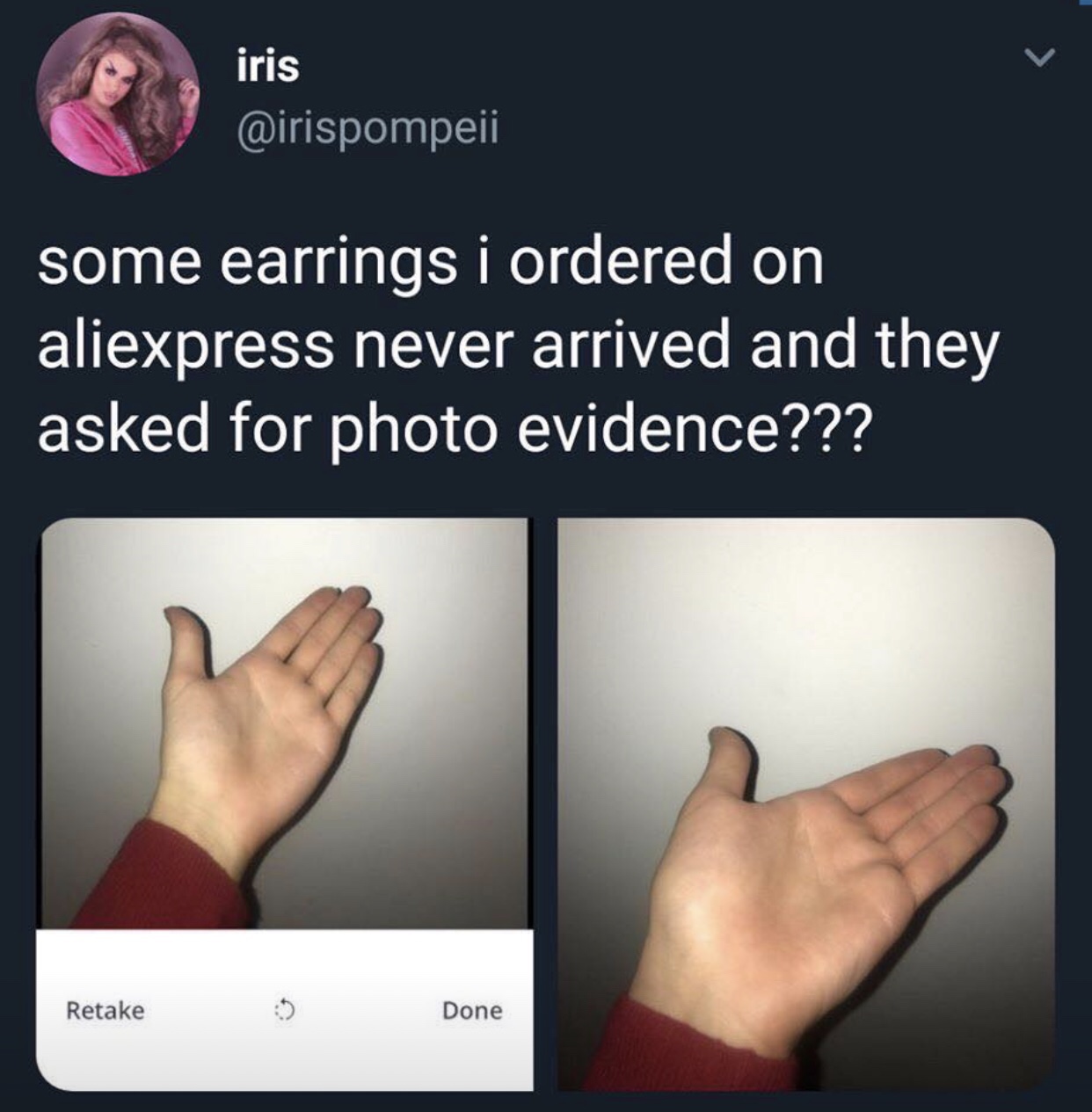 aliexpress meme evidence - iris some earrings i ordered on aliexpress never arrived and they asked for photo evidence??? Retake Done