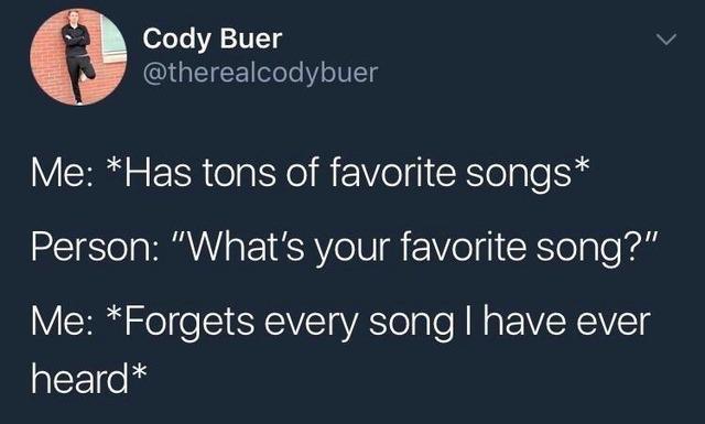 Song - Cody Buer Me Has tons of favorite songs Person "What's your favorite song?" Me Forgets every song I have ever heard