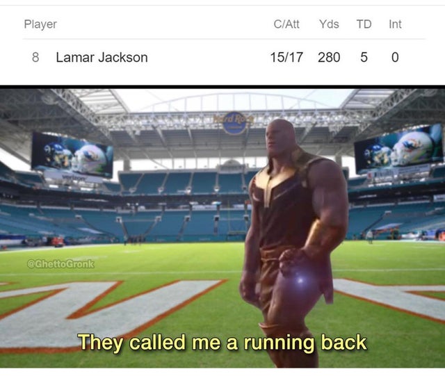 nfl memes - player - Player CAtt Yds 1517 280 Td 5 Int 0 8 Lamar Jackson Gronk They called me a running back