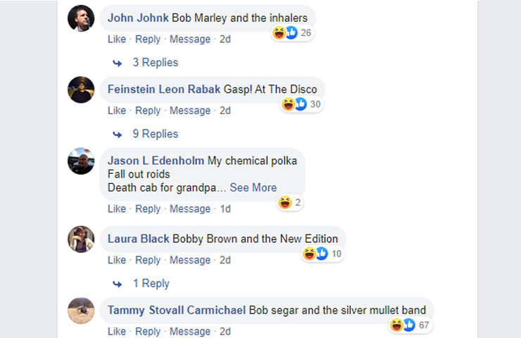 icon - John Johnk Bob Marley and the inhalers b 26 Message 2d 4 3 Replies Feinstein Leon Rabak Gasp! At The Disco Ed 30 Message 2d 4 9 Replies Jason L Edenholm My chemical polka Fall out roids Death cab for grandpa... See More Message 10 Laura Black Bobby