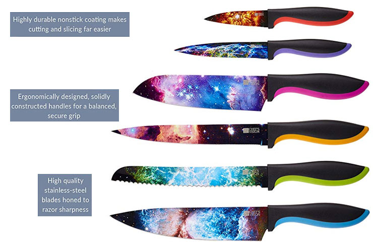 galaxy kitchen knife - Highly durable nonstick coating makes cutting and slicing far easier Ergonomically designed, solidly constructed handles for a balanced, secure grip High quality stainless steel blades honed to razor sharpness