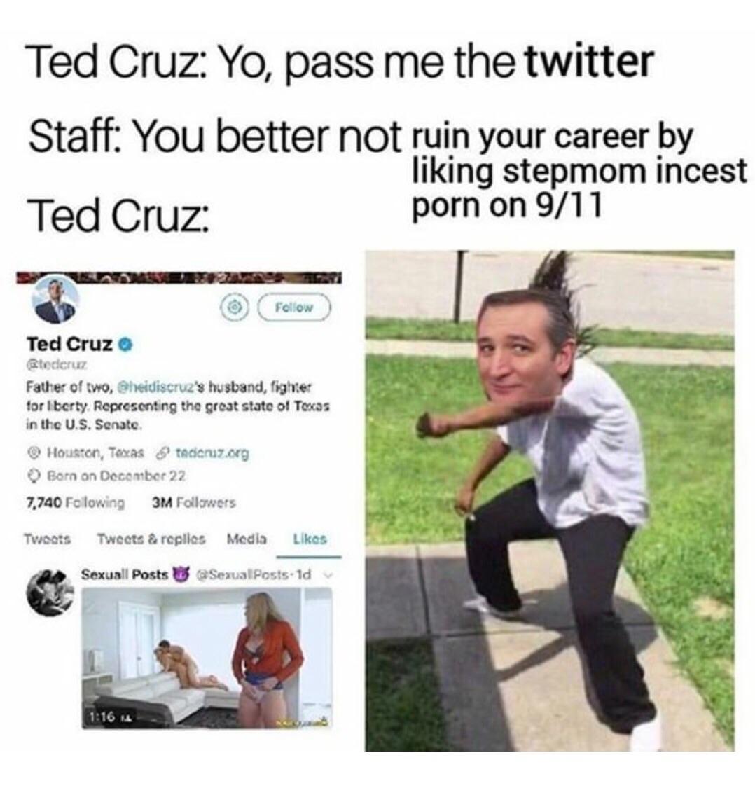 ted cruz twitter meme - Ted Cruz Yo, pass me the twitter Staff You better not ruin your career by liking stepmom incest Ted Cruz porn on 911 Ted Cruz Stederuz Father of two, heidiscruz's husband, lighter for Iberty Representing the great state of Texas in