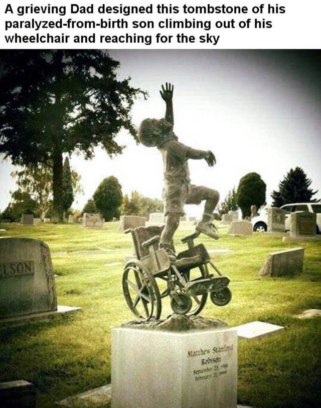father designs headstone for wheelchair bound son - A grieving Dad designed this tombstone of his paralyzedfrombirth son climbing out of his wheelchair and reaching for the sky Elson Matthew Stanford Rohisar Serien htTM