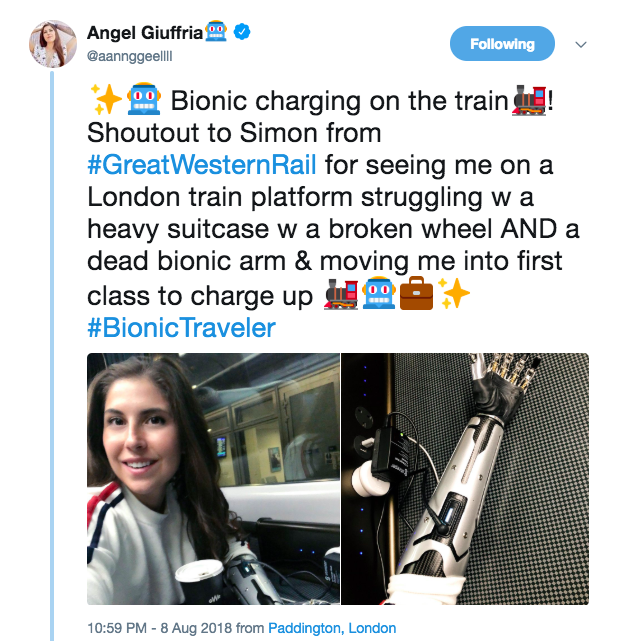 Angel Giuffria ing Co Bionic charging on the train ! Shoutout to Simon from Rail for seeing me on a London train platform struggling wa heavy suitcase w a broken wheel And a dead bionic arm & moving me into first class to charge up A Traveler from…