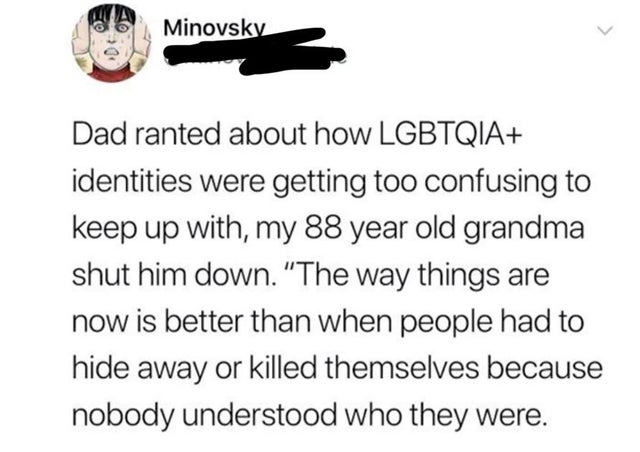 Minovsky Dad ranted about how Lgbtqia identities were getting too confusing to keep up with, my 88 year old grandma shut him down.