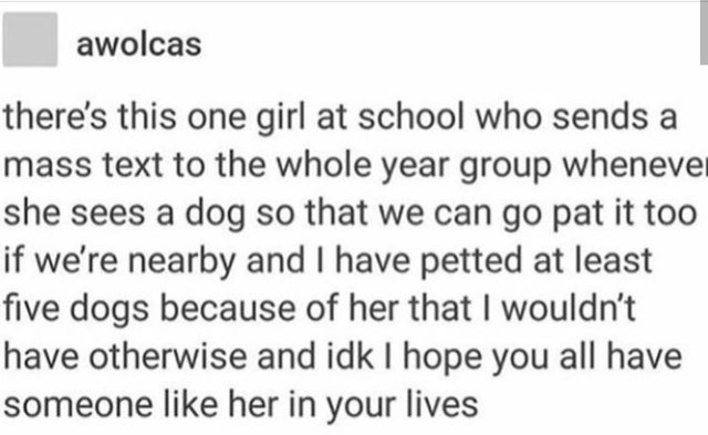 all i do is win - awolcas there's this one girl at school who sends a mass text to the whole year group whenever she sees a dog so that we can go pat it too if we're nearby and I have petted at least five dogs because of her that I wouldn't have otherwise