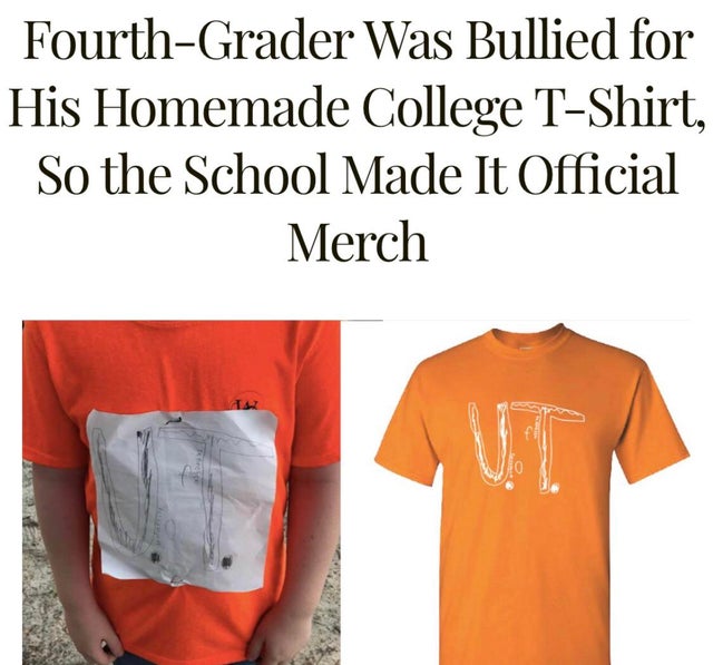 t shirt - FourthGrader Was Bullied for His Homemade College TShirt, So the School Made It Official Merch