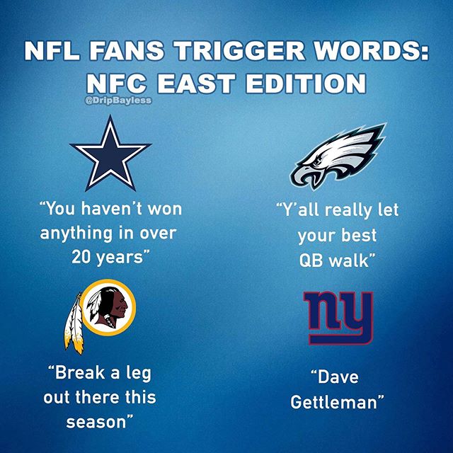 graphics - Nfl Fans Trigger Words Nfc East Edition You haven't won anything in over 20 years" Y'all really let your best Qb walk" nu "Break a leg out there this season" "Dave Gettleman"