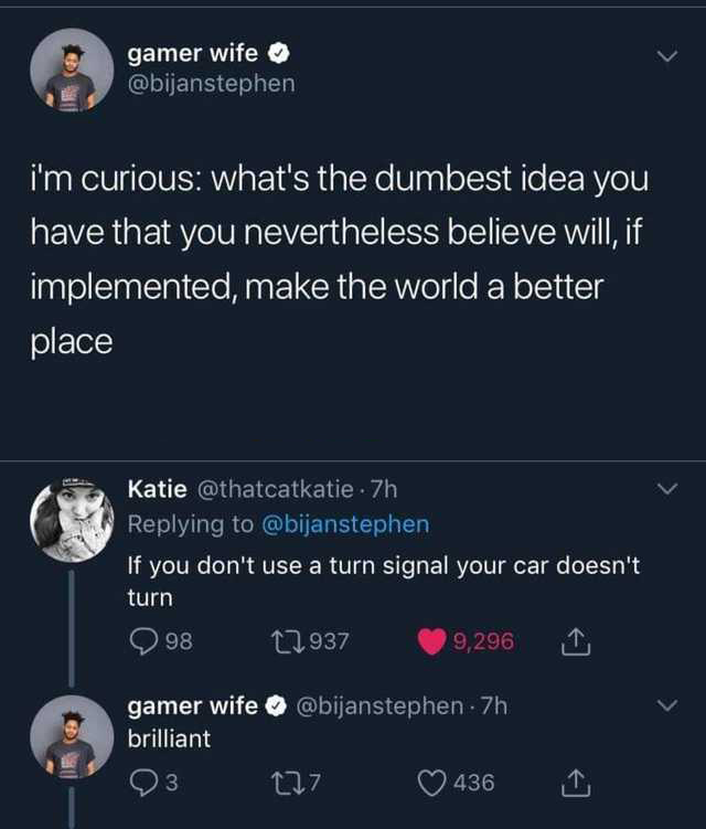 screenshot - gam gamer wife i'm curious what's the dumbest idea you have that you nevertheless believe will, if implemented, make the world a better place Katie . 7h If you don't use a turn signal your car doesn't turn 98 02.937 9,296 1 gamer wife brillia