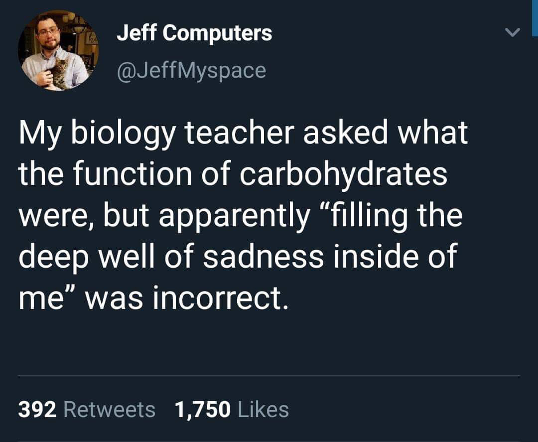 Joke - Jeff Computers Myspace My biology teacher asked what the function of carbohydrates were, but apparently filling the deep well of sadness inside of me was incorrect. 392 1,750