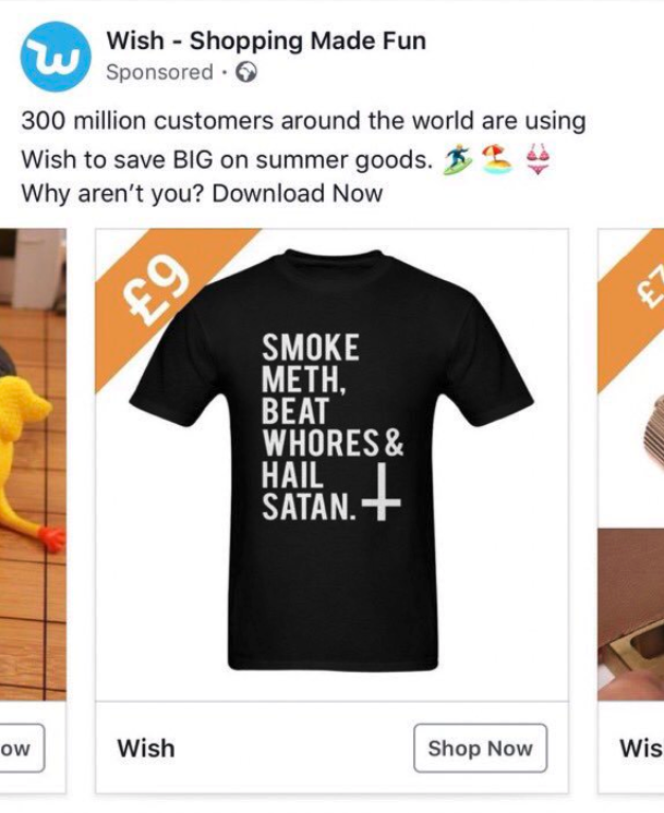 wish.com ads - smoke meth beat whores hail satan t shirt