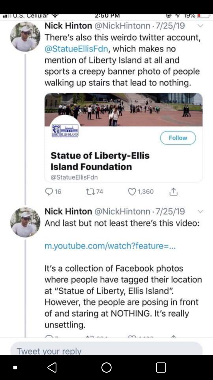 There's also this weirdo twitter account, EllisFdn, which makes no mention of Liberty Island at all and sports a creepy banner photo of people walking up stairs that lead to nothing. Statue of LibertyEllis I