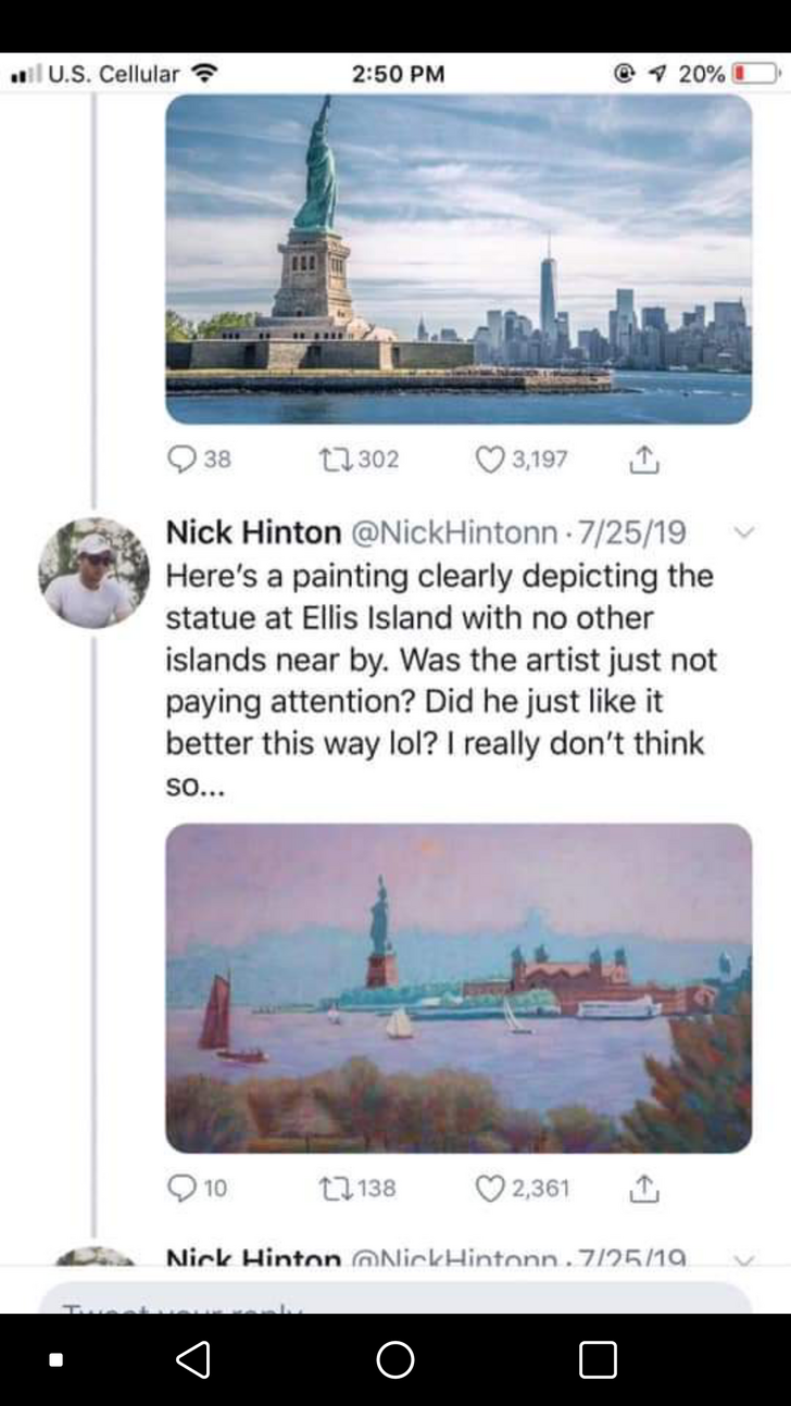 Here's a painting clearly depicting the statue at Ellis Island with no other islands near by. Was the artist just not paying attention? Did he just it better this way lol? I really don't