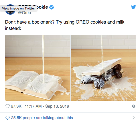 table - View image on Twitter bokie Don't have a bookmark? Try using Oreo cookies and milk instead people are talking about this