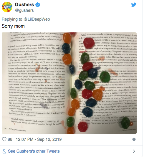 Gushers smushed inside of a book