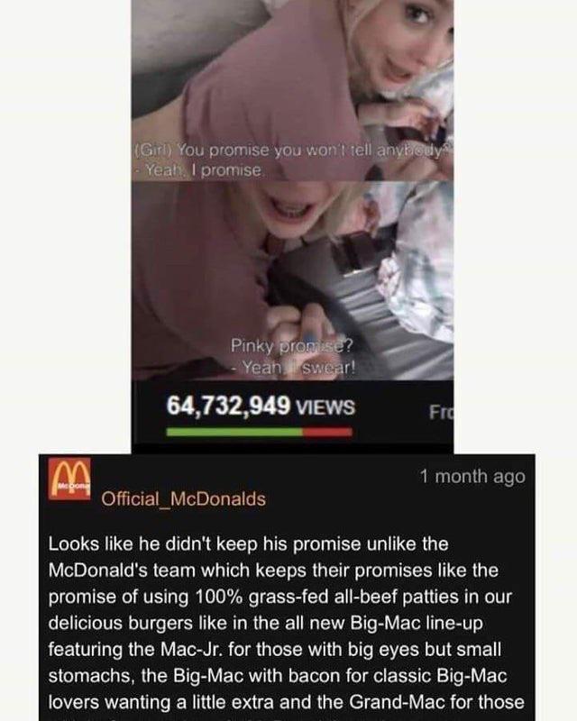 amazing coincidence - Girl You promise you won't tell anybody Yeah, I promise Pinky promise? Yean swear! 64,732,949 Views Fra Ma 1 month ago Official McDonalds Looks he didn't keep his promise un the McDonald's team which keeps their promises the promise