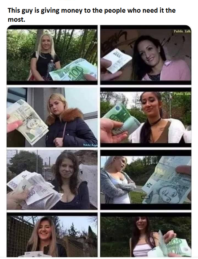 collage - This guy is giving money to the people who need it the most.