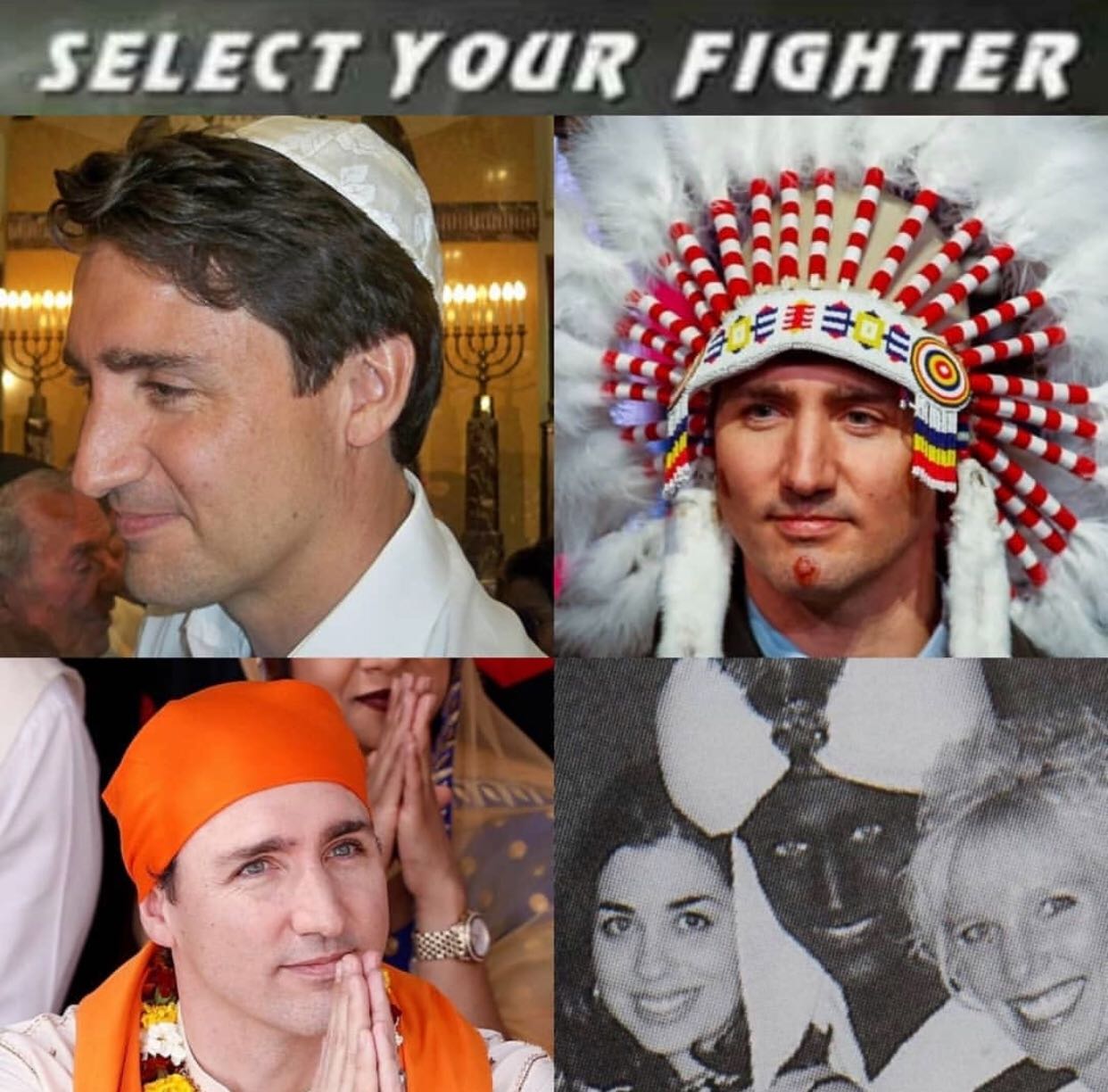 choose your fighter meme- justin trudeau in various costumes
