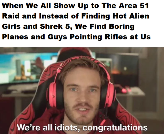 area 51 meme - photo caption - When We All Show Up to The Area 51 Raid and Instead of Finding Hot Alien Girls and Shrek 5, We Find Boring Planes and Guys Pointing Rifles at Us We're all idiots, congratulations