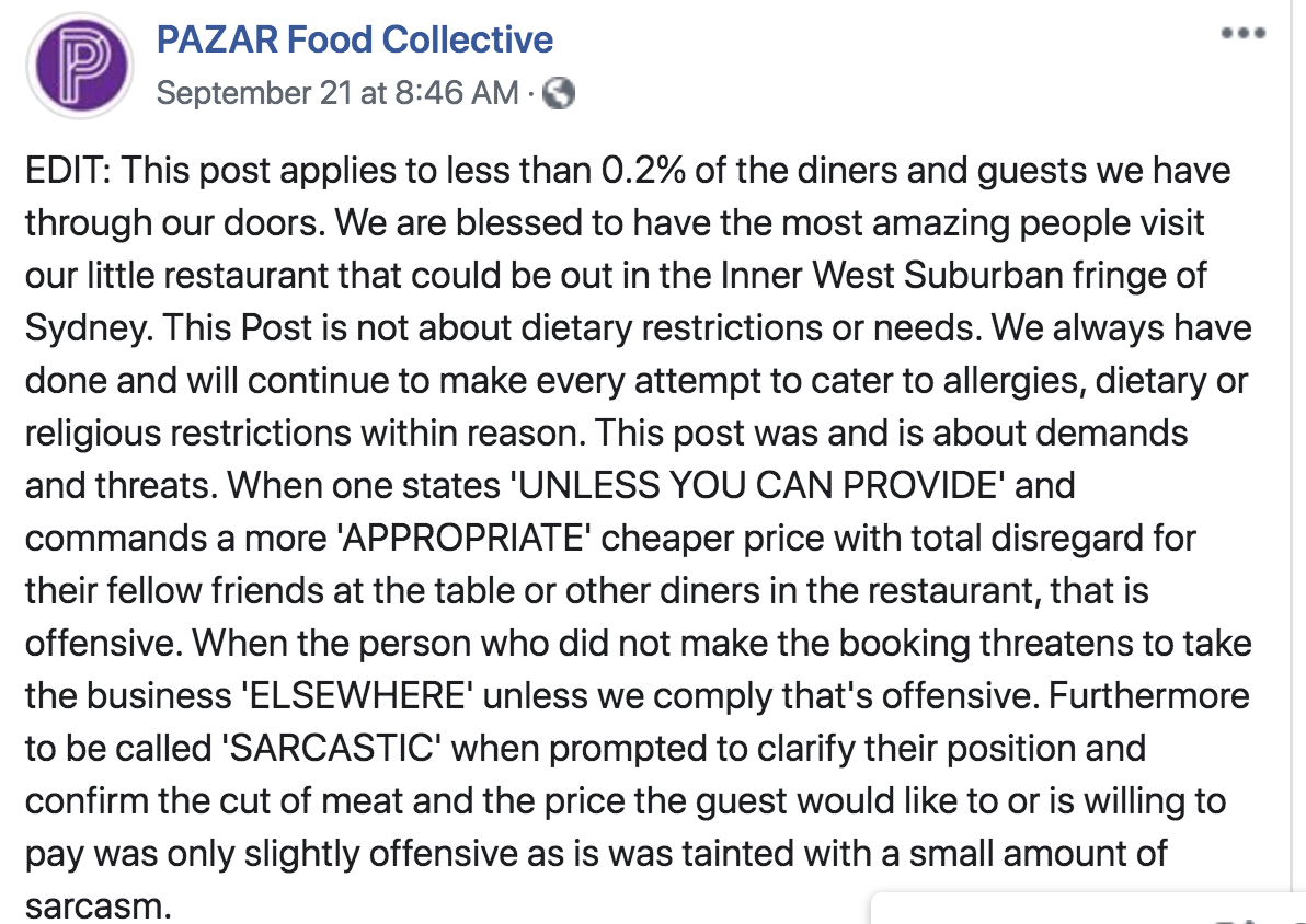 entitled begger - document - Pazar Food Collective September 21 at Edit This post applies to less than 0.2% of the diners and guests we have through our doors. We are blessed to have the most amazing people visit our little restaurant that could be out in