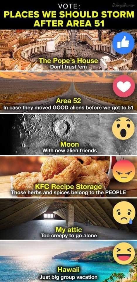 vatican meme - screenshot - Vote Collogalumo Places We Should Storm After Area 51 1 The Pope's House Don't trust 'em Area 52 In case they moved Good aliens before we got to 51 Moon With new alien friends Kfc Recipe Storage Those herbs and spices belong to