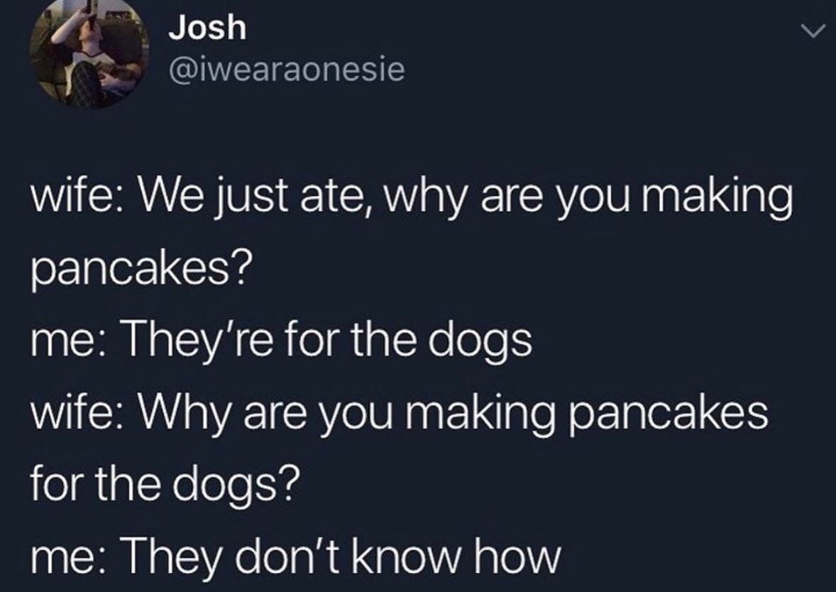 presentation - Josh wife We just ate, why are you making pancakes? me They're for the dogs wife Why are you making pancakes for the dogs? me They don't know how