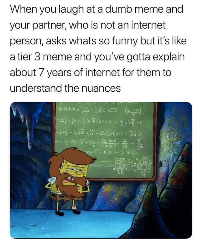spongebob explaining memes meme - When you laugh at a dumb meme and your partner, who is not an internet person, asks whats so funny but it's a tier 3 meme and you've gotta explain about 7 years of internet for them to understand the nuances 1000 x A Tab 