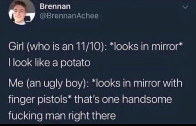 Brennan Girl who is an 1110 looks in mirror Ilook a potato Me an ugly boy looks in mirror with finger pistols that's one handsome fucking man right there