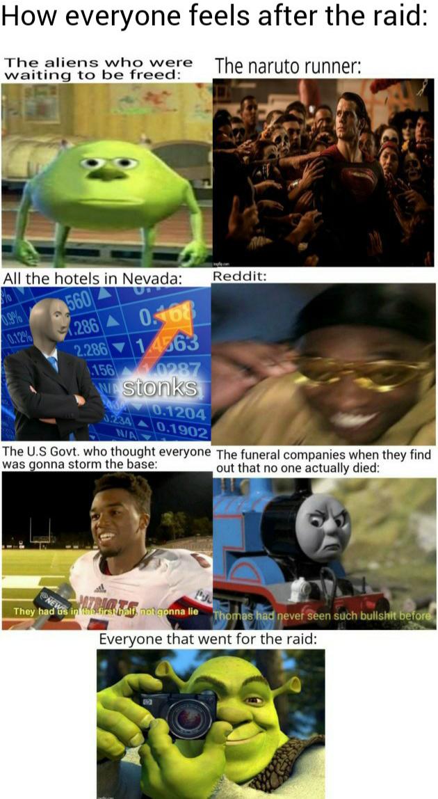 best memes - video - How everyone feels after the raid The aliens who were waiting to be freed The naruto runner All the hotels in Nevada Reddit 51.286 A 0.0 0127 2.286 1.4363 156 20987 Na Stonks 0.1204 0.23A 0.1902 The Us Govt. who thought everyone The f