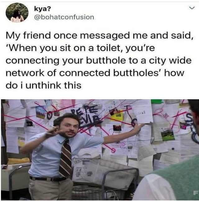 pepe silvia - kya? kya? My friend once messaged me and said, 'When you sit on a toilet, you're connecting your butthole to a city wide network of connected buttholes' how do i unthink this