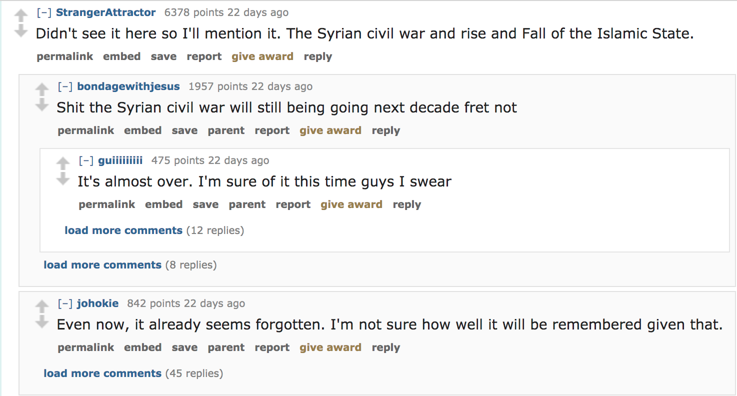 Didn't see it here so I'll mention it. The Syrian civil war and rise and Fall of the Islamic State.