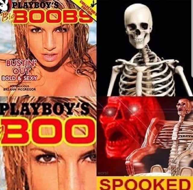 spooktober meme - skeleton meme - Playboy'S BioBOBS Bustin Out Bold & Sexy Joolucious Breann Mcgregor Playboy'S Bob Spooked