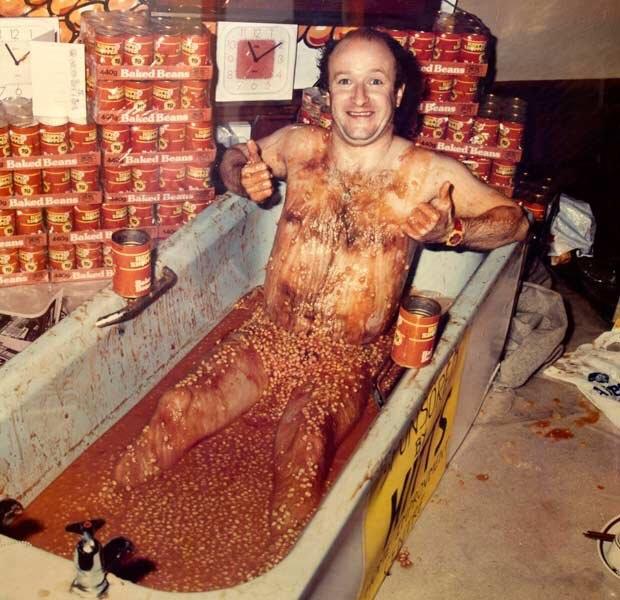 cursed image - man bathing in beans - Colo Mon Beled Beans Bean Red Beam Bad Beans Baked Benne Se