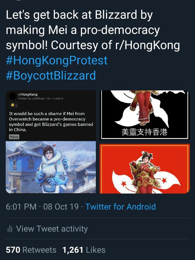 media - Let's get back at Blizzard by making Mei a prodemocracy symbol! Courtesy of rHongkong PHong Kong Posted by ubatture 5h1.reddit It would be such a shame if Mei from Overwatch became a prodemocracy symbol and got Blizzard's games banned in China. Me