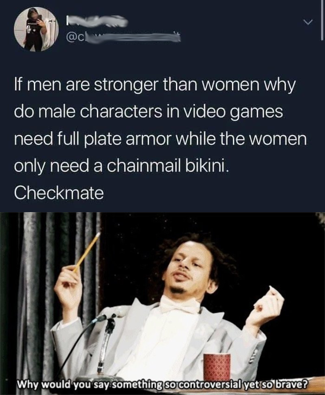 best meme 2019 - would you say something so controversial meme - If men are stronger than women why do male characters in video games need full plate armor while the women only need a chainmail bikini. Checkmate Why would you say something so controversia