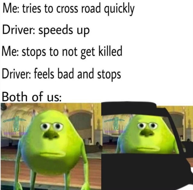 best meme 2019 - cartoon - Me tries to cross road quickly Driver speeds up Me stops to not get killed Driver feels bad and stops Both of us