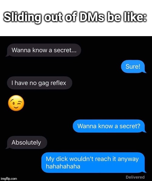 best meme 2019 - multimedia - Sliding out of DMs be Wanna know a secret... Sure! I have no gag reflex Wanna know a secret? Absolutely My dick wouldn't reach it anyway hahahahaha imgflip.com Delivered