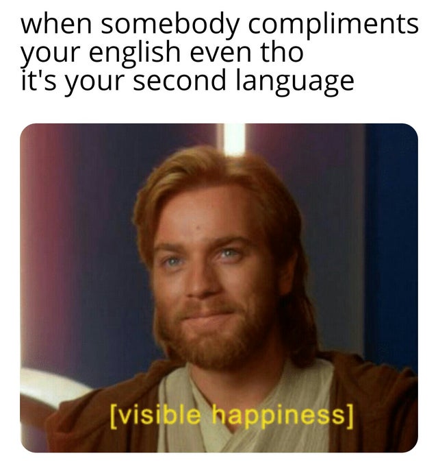 wholesome meme - photo caption - when somebody compliments your english even tho it's your second language visible happiness