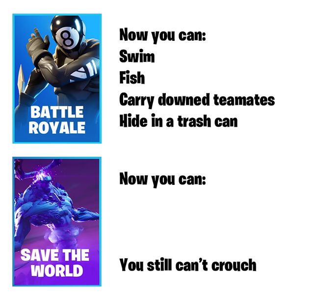 graphics - Now you can Swim Fish Carry downed teamates Hide in a trash can Battle Royale Now you can Save The World You still can't crouch