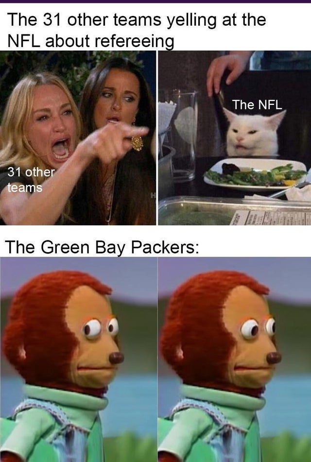 nfl week 6 meme - my cat person tinder date - The 31 other teams yelling at the Nfl about refereeing The Nfl 31 other teams The Green Bay Packers