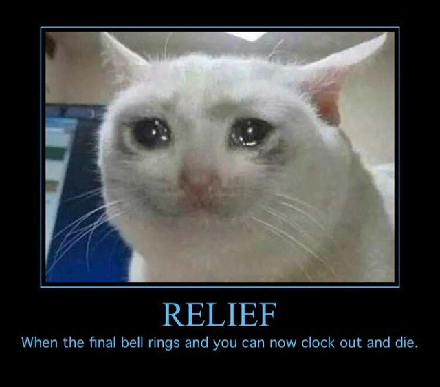 Boss day - schmuserkadser meme - Relief When the final bell rings and you can now clock out and die.