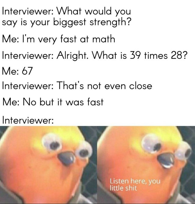 listen here you little shit bird meme - Interviewer What would you say is your biggest strength? Me I'm very fast at math Interviewer Alright. What is 39 times 28? Me 67 Interviewer That's not even close Me No but it was fast Interviewer Listen here, you 