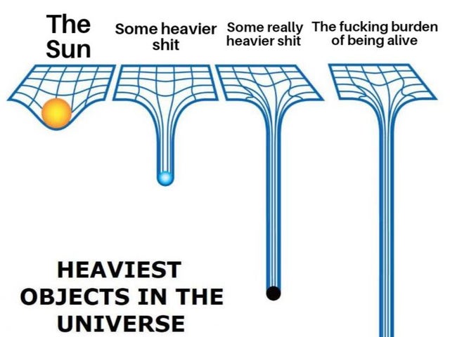 depression meme - heaviest objects meme - The Sun Some heavier Some really the fucking burden shit heavier shit of being alive Heaviest Objects In The Universe