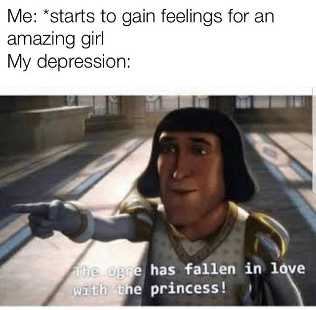 depression meme - ogre is in love with the princess - Me starts to gain feelings for an amazing girl My depression The Ogre has fallen in love with the princess!
