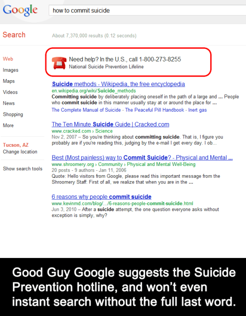 google vs bing memes - Google how to commit suicide Search About 7.370.000 results 0.12 seconds Web Need help? In the U.S., call 18002738255 National Suicide Prevention Lifeline Images Maps Videos Suicide methods Wikipedia, the free encyclopedia…