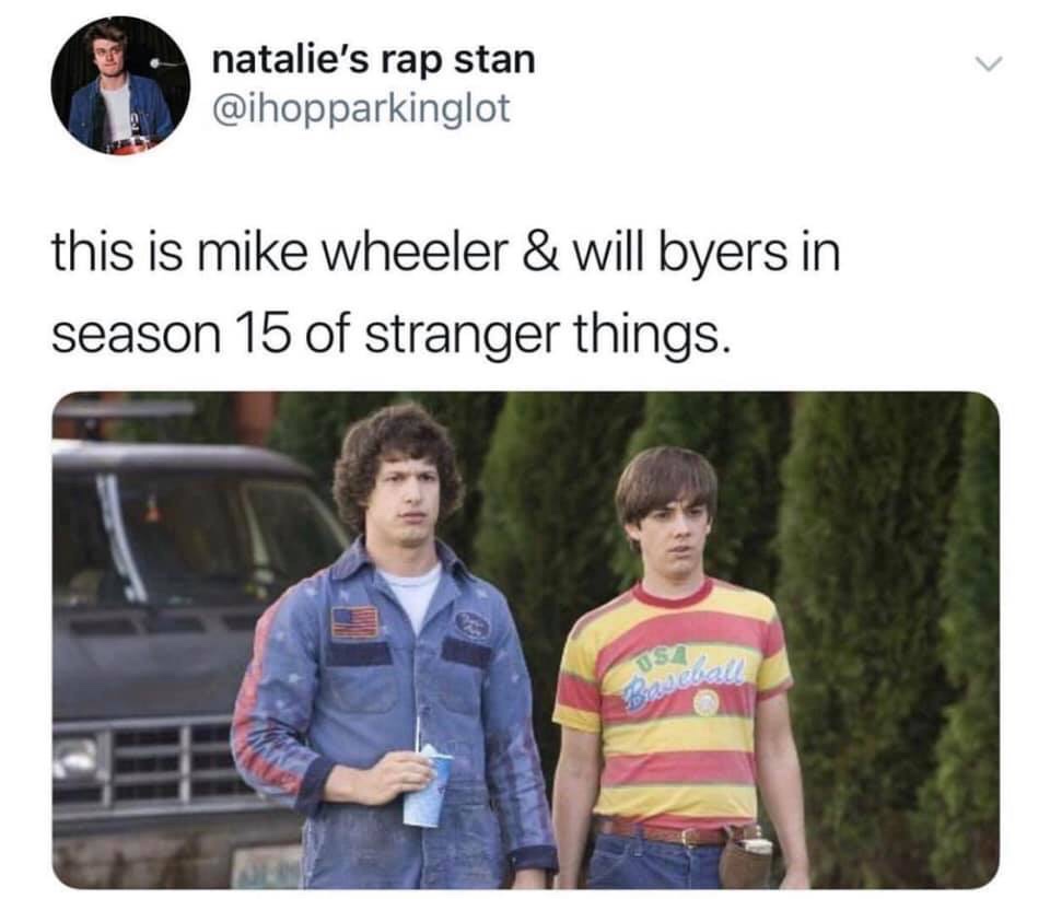 stranger things memes - natalie's rap stan this is mike wheeler & will byers in season 15 of stranger things.